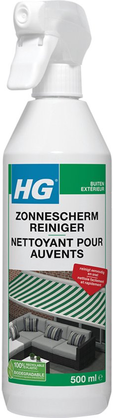 HG zonneschermreiniger. Fles met spuitmond. Label toont groene gestreepte zonnescherm en buitenmeubels.