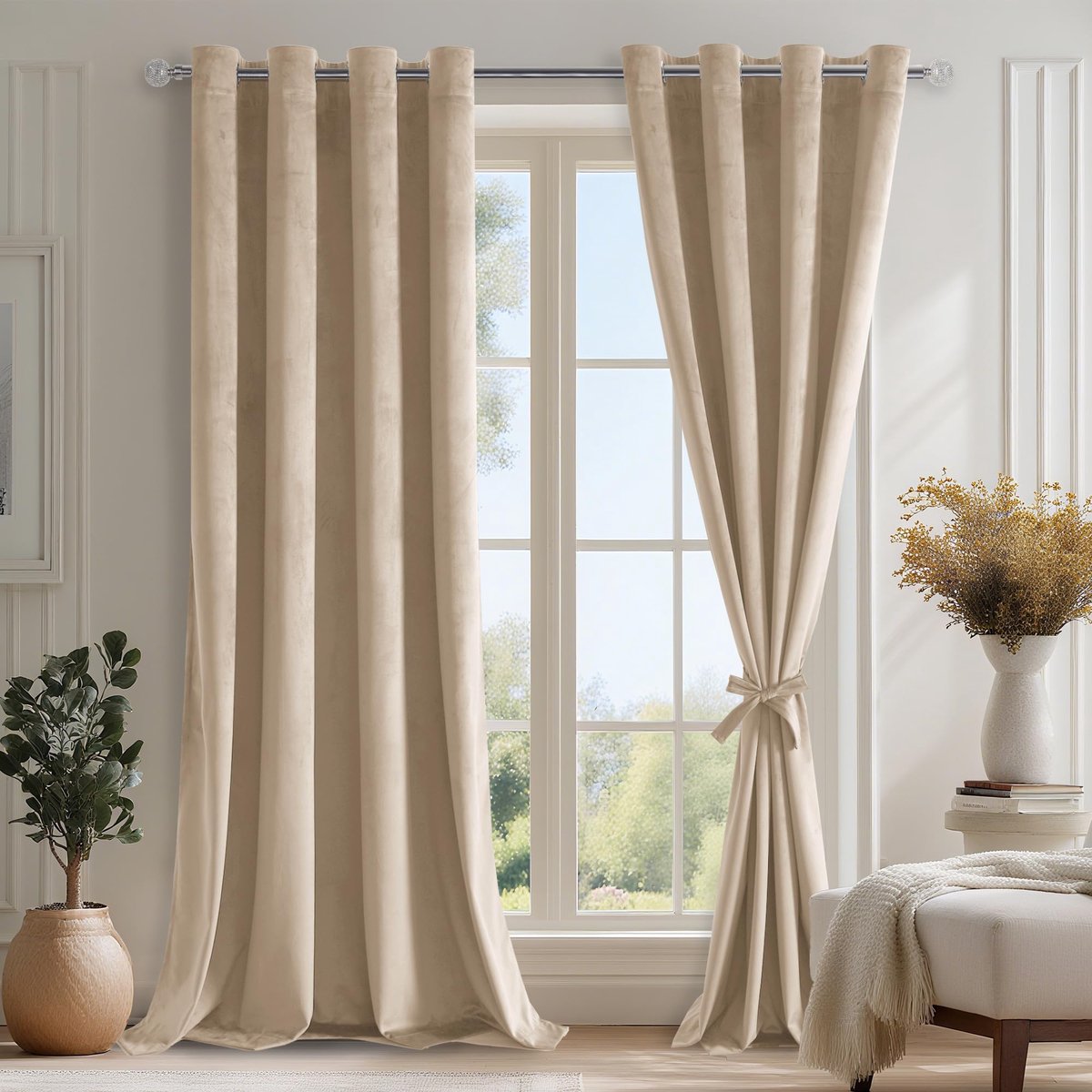 Lichtbeige fluwelen gordijn, set van 2, H 260 x 140 cm, wondermooie zachte gordijnen met oogjes met gordijnstropdassen voor woonkamer, gordijnen ondoorzichtig, verduisteringsgordijnen, slaapkamer