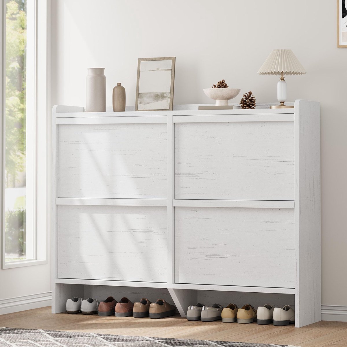 Grote Schoenenkast 4 Kleppen Voor 18-24 Paar Schoenen - 120x26x93cm - Schoenenrek - Schoenenmeubel Hout - Verstelbare Planken - Minimalistisch - Ruimtebesparend - Voor Hal Woonkamer - Wit
