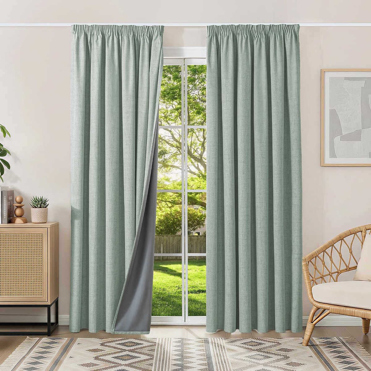 Gordijnen, thermische gordijnen, koudebescherming, gordijnen met plooiband, 245 x 200 cm (h x b), set van 2, linnenlook, gordijnen, ondoorzichtig, saliegroen