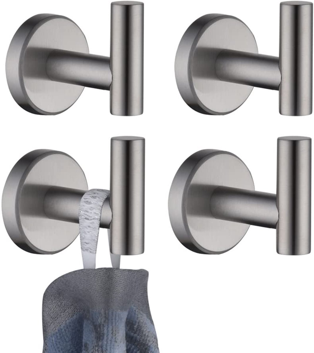 Handdoekhaak voor de badkamer, kapstok voor badjassen, wandhaken voor de badkamer, keuken en garage, SUS 304 roestvrij staal, dikte 0,8 mm, 4 stuks, geborstelde afwerking, TH100-BN-P4