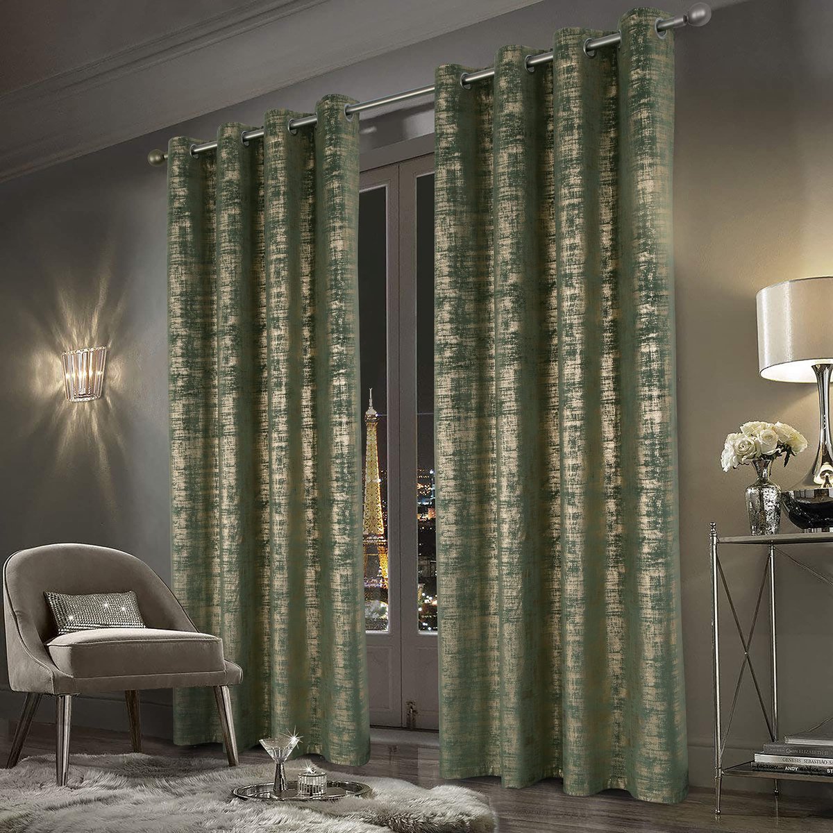 Gordijnen, velours gordijnen met goudkleurige print, voor woonkamer, slaapkamer, dubbele gordijnen, warmte-isolatie, met oogjes, elegant, saliegroen, 2 stuks, 140 x 245 cm