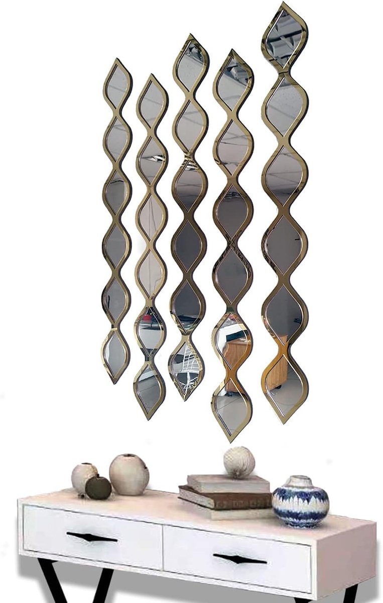 5 stuks natuurlijke decoratie waterdruppel acryl muur decoratieve spiegel interieur houten Boheemse decoratie voor thuis woonkamer slaapkamer - acryl, niet echt (goud), 58,4 x 91,4 cm