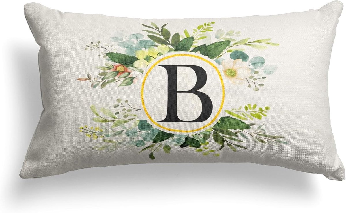 Decoratieve Kussenhoezen met Monogram Letter B en Bloemen 30x50cm, Groene Lente Kussens voor Sofa en Boerderij Decor, Ideaal voor Familie en Persoonlijke Cadeaus