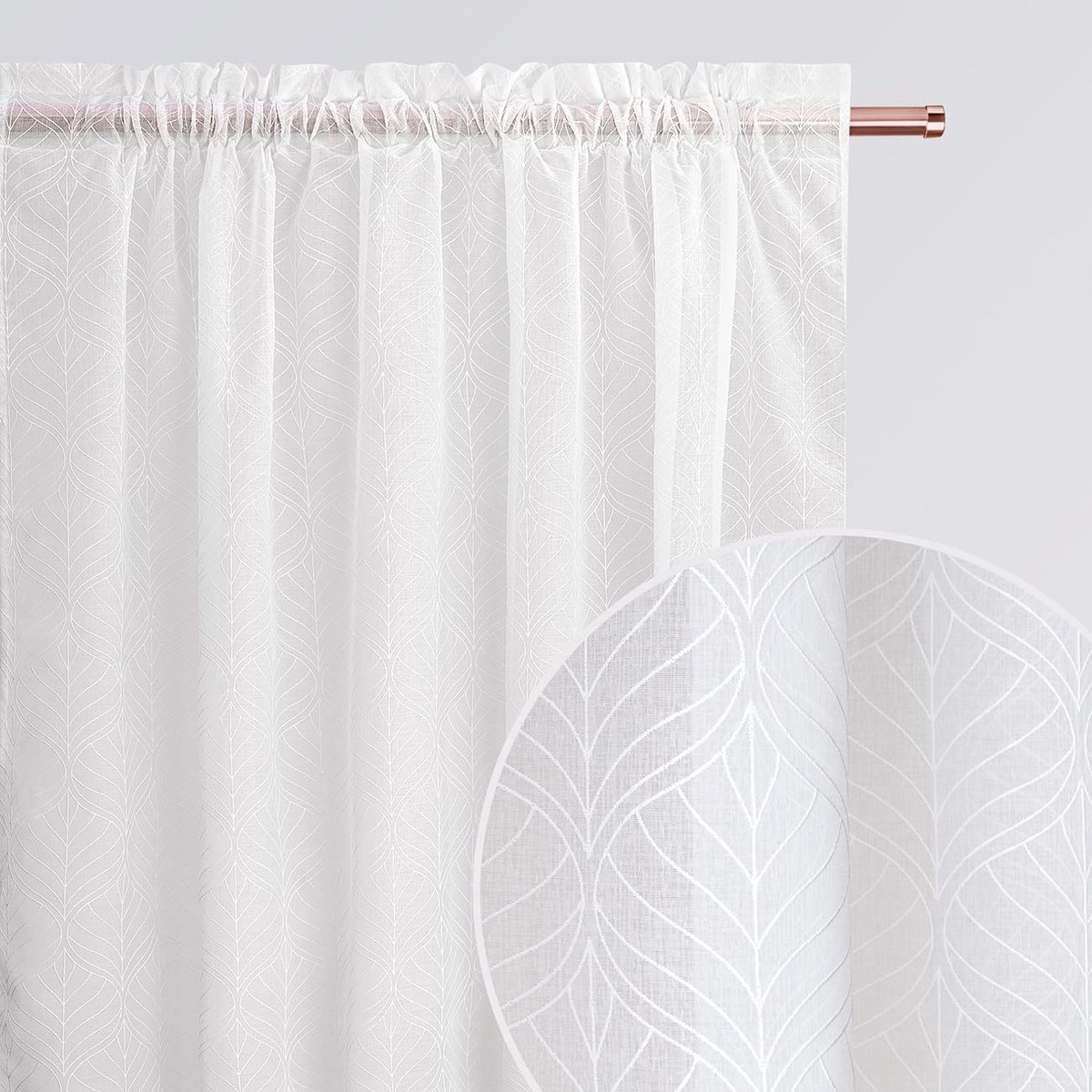 Gordijn met plooiband, 140 x 240 cm breed x hoogte, voor woonkamer, slaapkamer, transparant modern gordijn, sjaal, woonkamer, slaapkamer, met dakspansysteem, met patroon, wit, 1 stuk