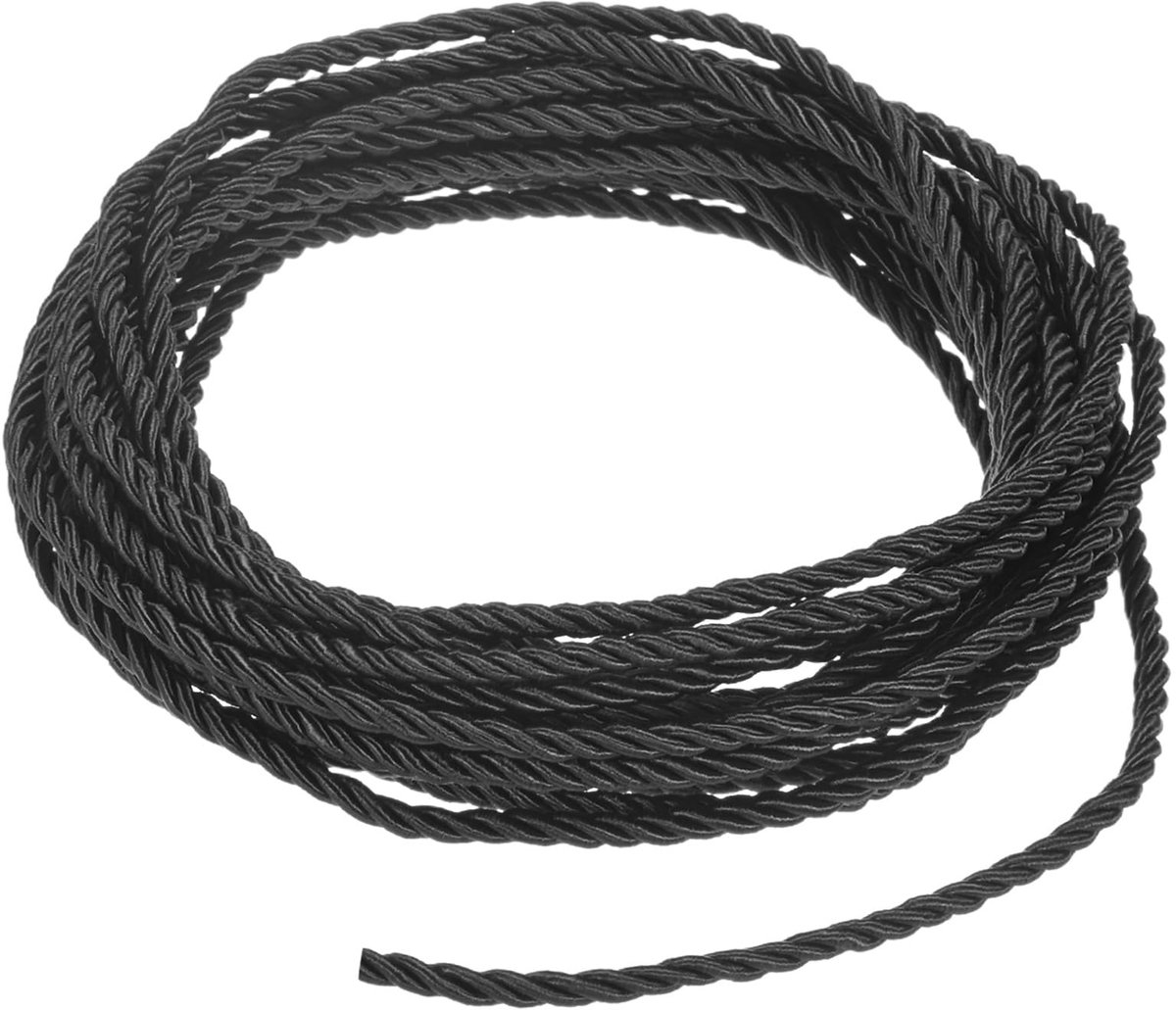 METERXITY 5 Yards Twisted Rope Trim, 3 mm/0,12 in zwart zacht polyester gedraaid zijden touw koord 3-laags decoratief koord voor geschenkzak/doe-het-zelf ambachten/huisdecoratie/gordijn Tieback