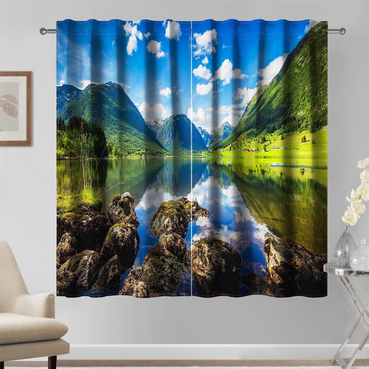 Gordijnen, 140 x 229 cm, stang, 2 stofbanen, hemelsblauw, groene bergen, reflectie, helder meer, gefilterd, licht, ramen, draperia, mooi natuurlijk landschap voor slaapkamer en woonkamer