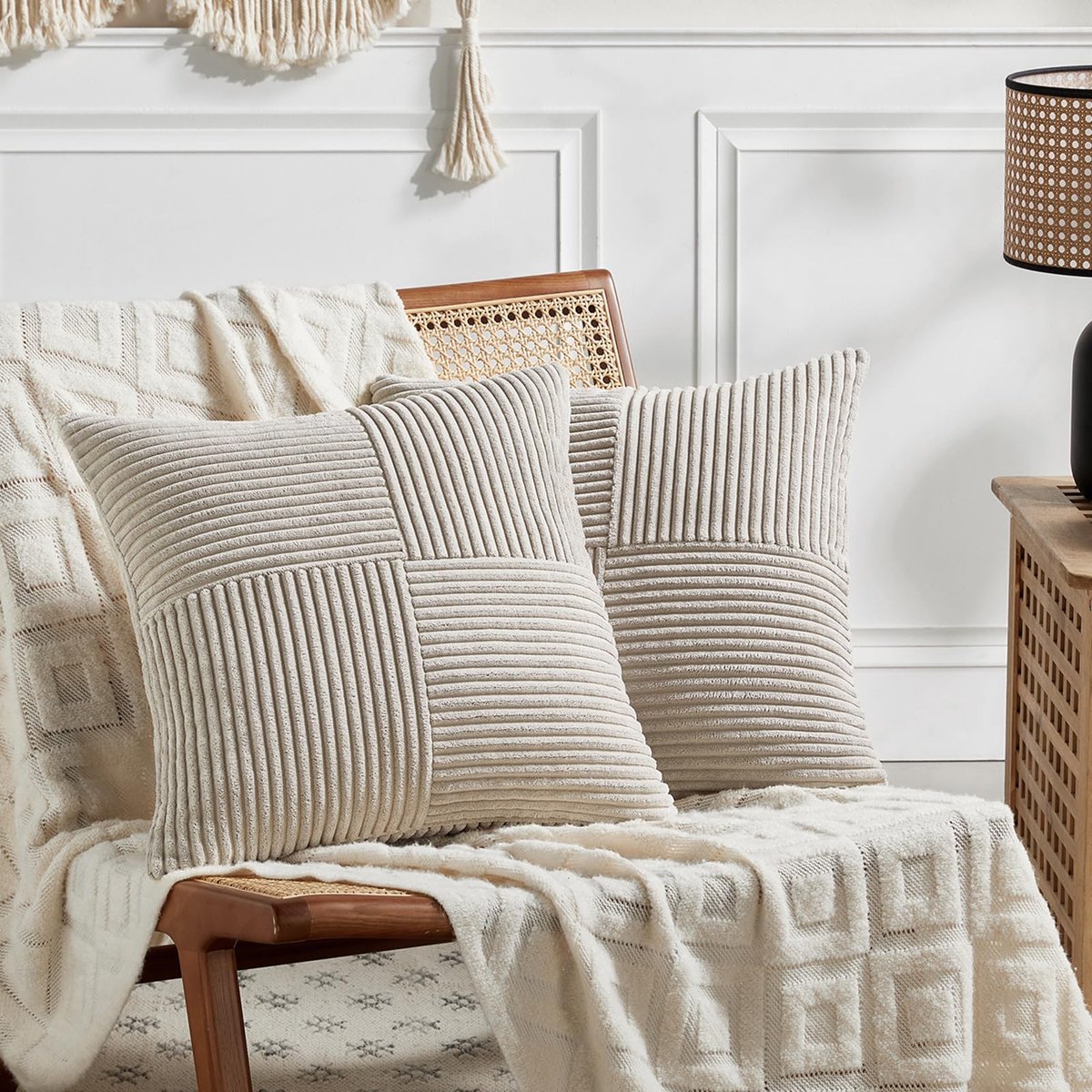 Set van 2 boho-kussenslopen voor bank, 70 x 70 cm, corduroy, modern, zacht, kruispatroon, decoratieve kussenslopen voor bank, slaapkamer, taupe