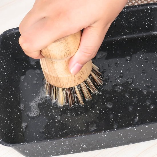 2 stuks bamboe handpalmborstel met 2 opbergschalen, houten borstel, schuurborstel voor potten, pannen, keukenspoelbak, reiniging voor het spoelen van servies, potten, pannen en gootsteen — afbeelding 3