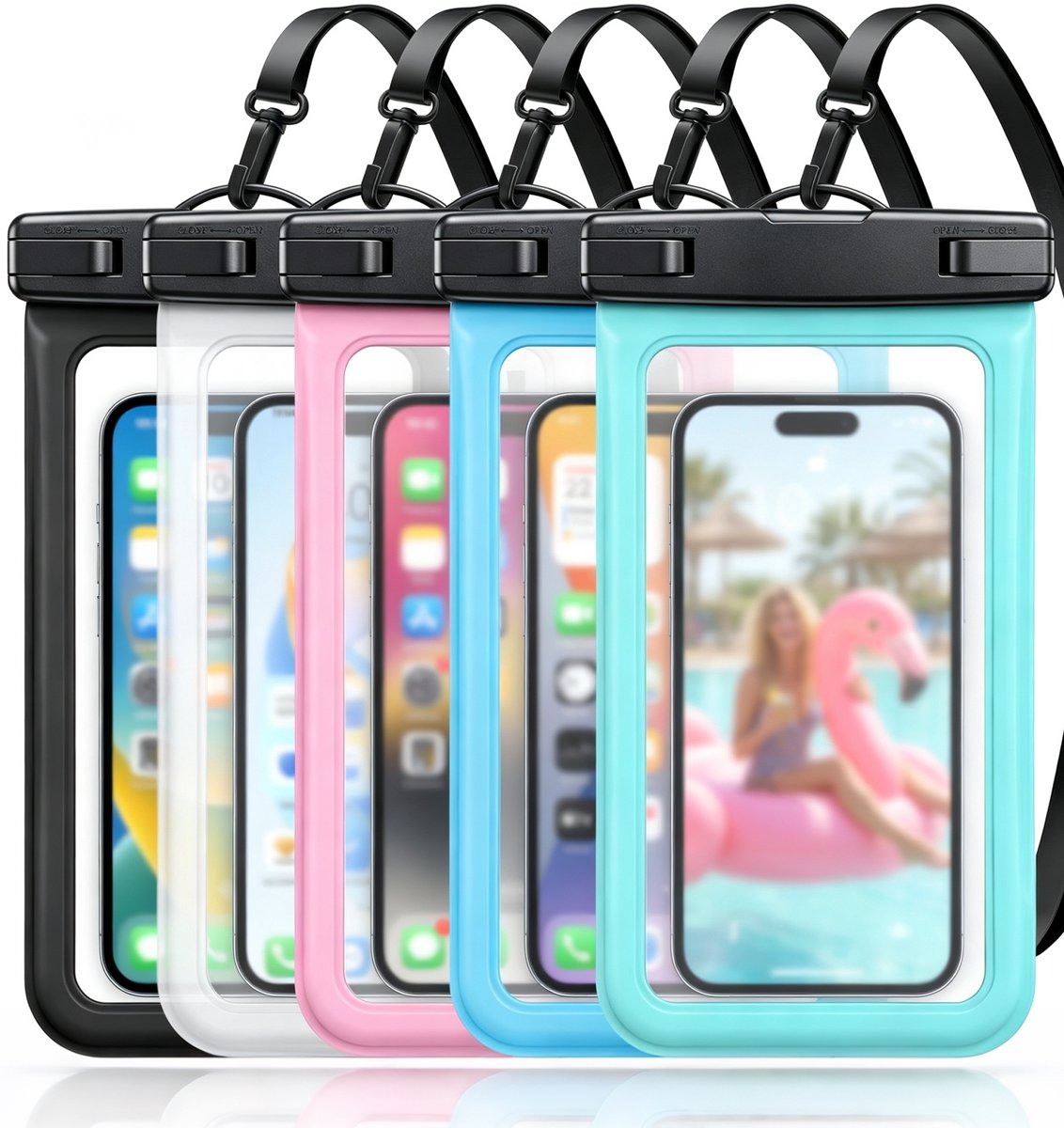 Waterdichte tas - 5 Pack Waterdichte Telefoonhoes IPX8 – Universele Waterproof Telefoonhoes tot 8,3 Inch – Transparante Touchscreen Bescherming – Strand, Zwemmen, Kajakken & Vakantie - Multicolor