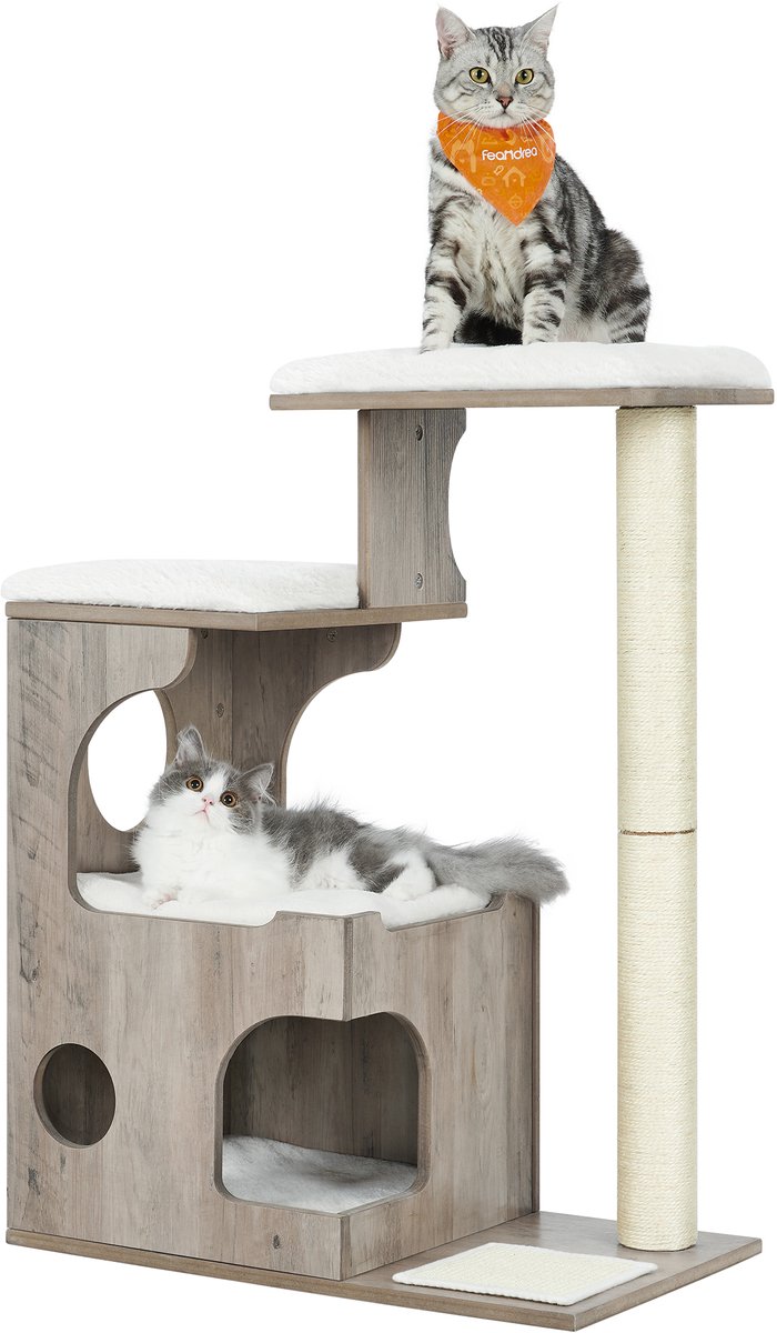 Feandrea - Krabpaal - Houten Krabpaal voor Katten - Met Huisje en Ligplatforms - Wasbare Pluche Kussens