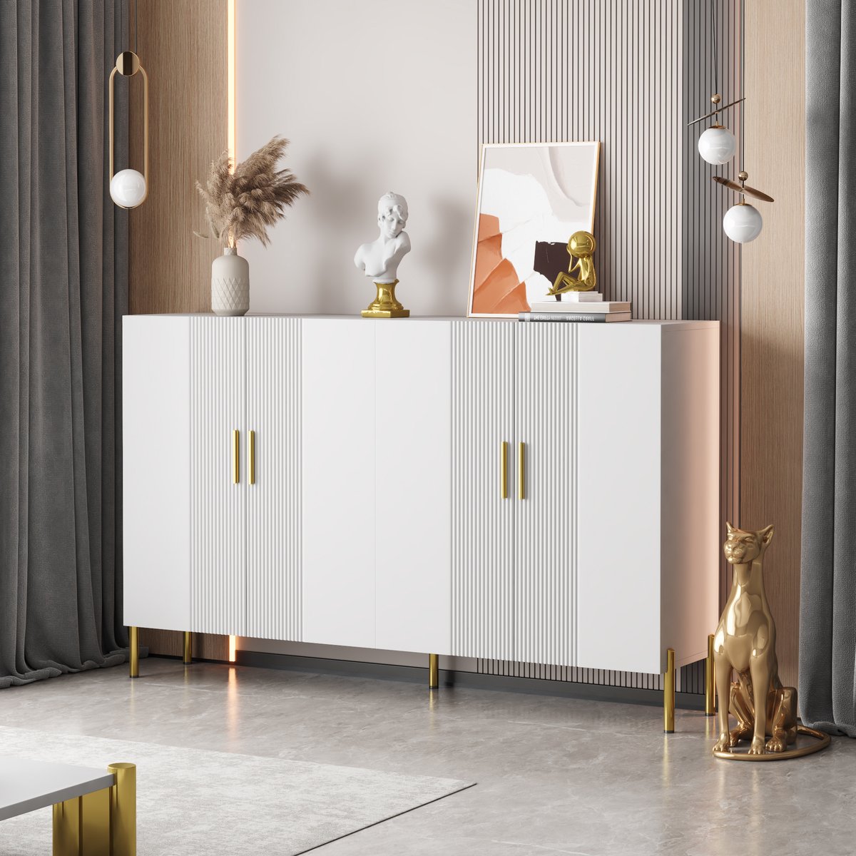 Opbergkast - 160x35x100 cm wit/goud - 4 deuren & verstelbare planken - matte verticale textuur - anti-kipbeveiliging