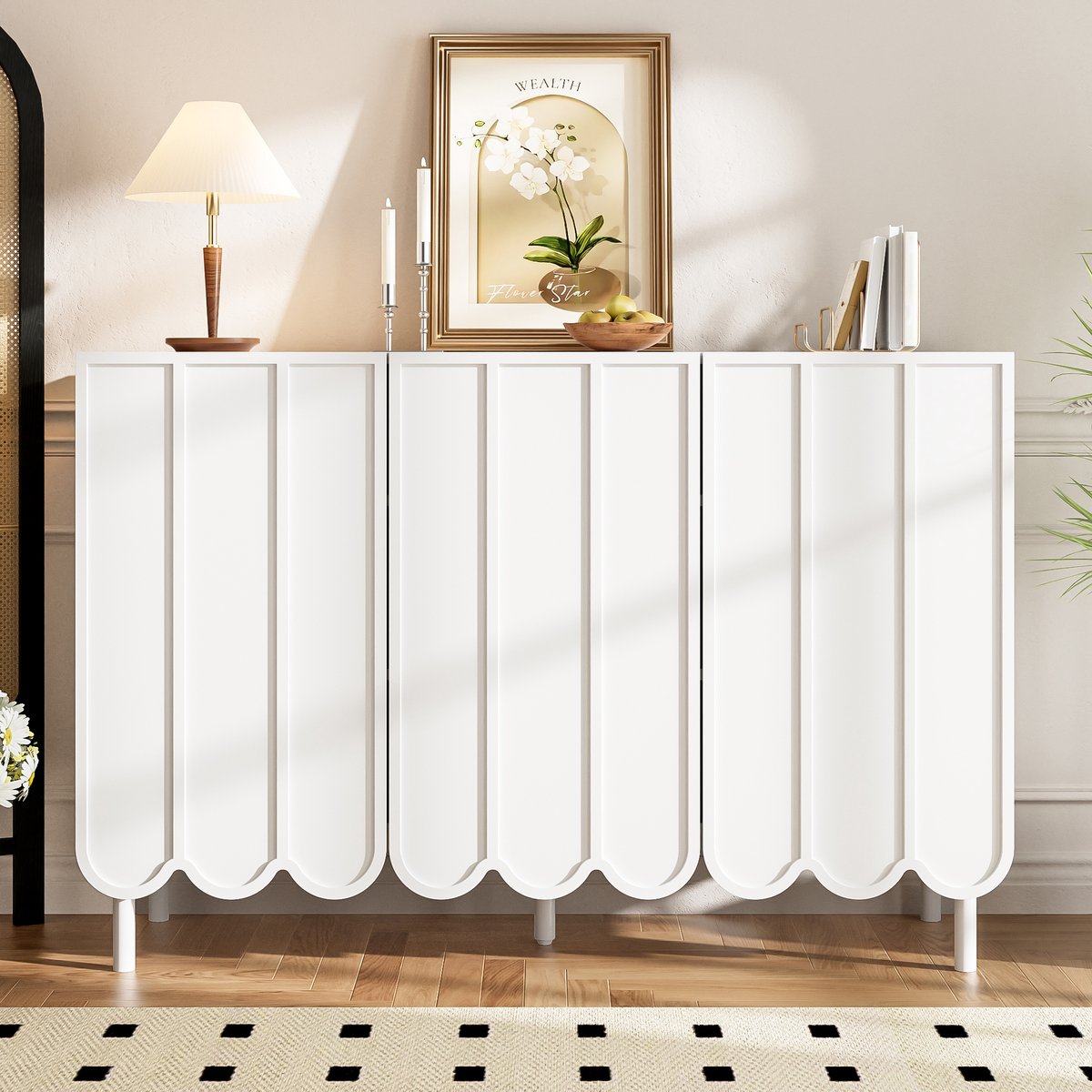 Sideboard - 120x35x80 cm wit - wellenförmige Türen & grifflos - verstelbare planken - verstelbare poten