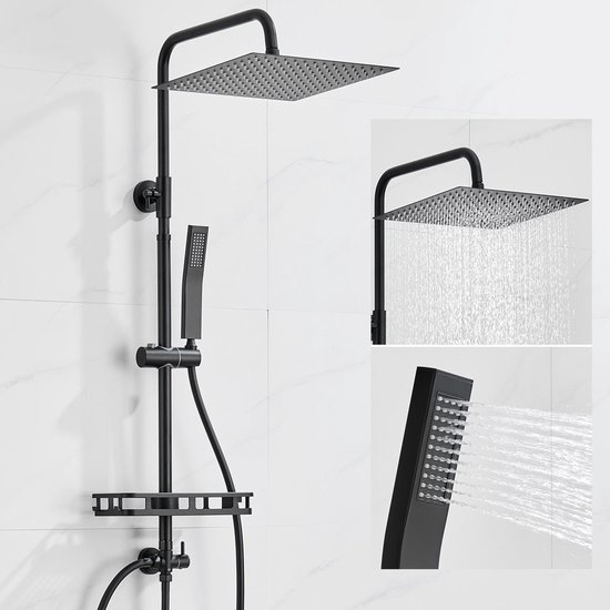 Zwarte doucheset met vierkante regendouche die water geeft en handdouche.