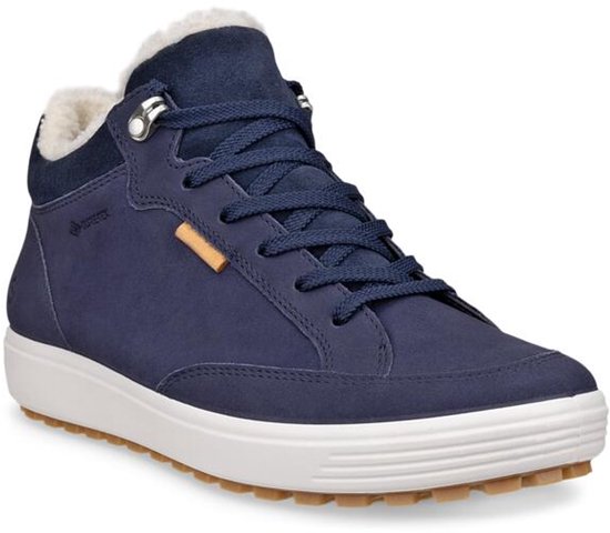 Donkerblauwe ECCO SOFT 7 TRED damesschoen met vetersluiting, Gore-Tex en witte voering.
