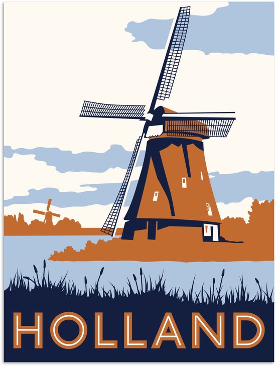 Poster 30x40 cm - Illustratie van een molen in Nederland - Posters - Kamer decoratie - Wanddecoratie woonkamer - Muurdecoratie slaapkamer