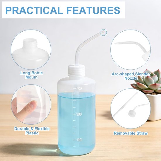 Spuitfles, 500 ml, set van 4 stuks, doseerfles HDPE met gebogen tuit, knijpfles met trechter en etiketten, laboratoriumfles, lekvrij, voor keuken, auto, reiniging, doe-het-zelf — afbeelding 2