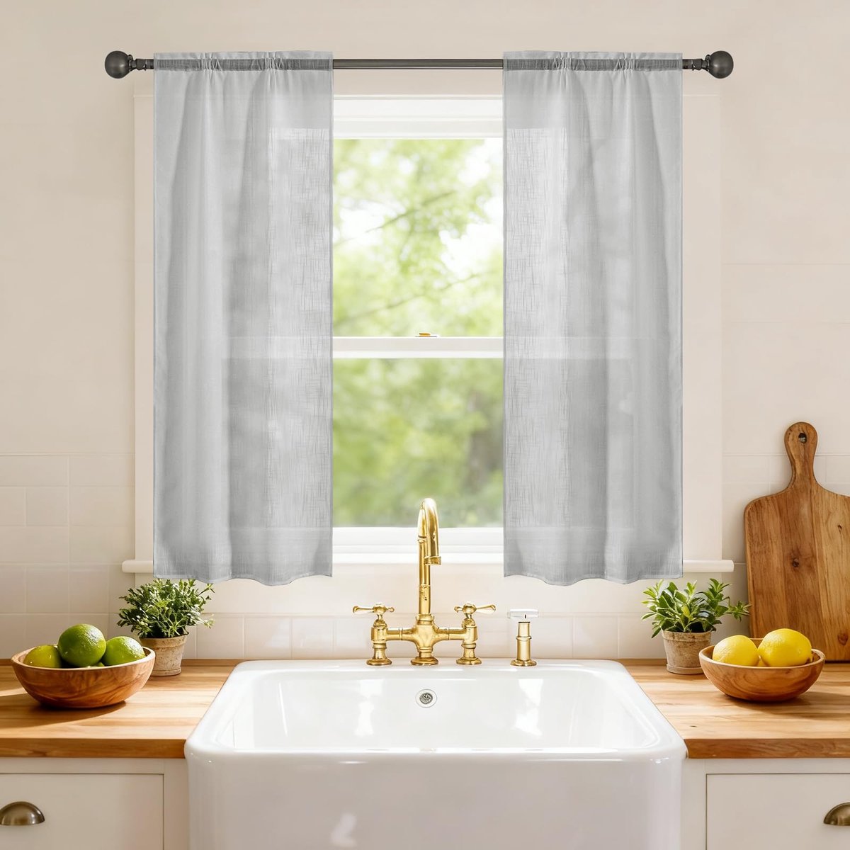 Voile Gordijnen - Linnenlook Vitrage - Raamdecoratie - Stoktunnel & Oog - 2x 70x150 CM - Lichtgrijs