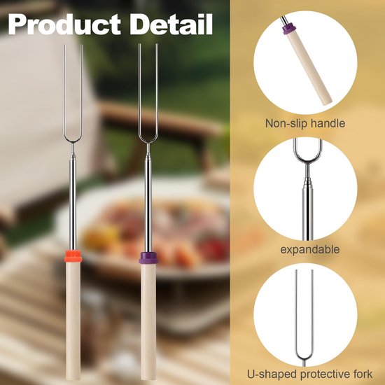 Stuks sjasliekspiesen van staal, uittrekbare grillspiesen voor marshmallows, maximale lengte 81 cm, voor BBQ, camping, kampvuur — afbeelding 2
