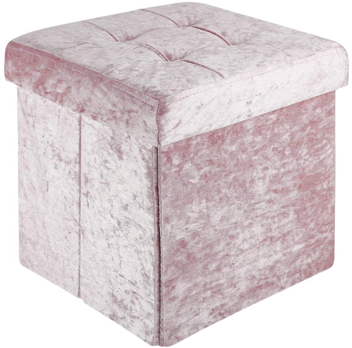 Opvouwbare poef 30x30x30 cm in fluweelroze - Zitkubus met deksel en opbergruimte van stof met holtes - Zitkubus voetensteun opvouwbare opbergdoos kist poef