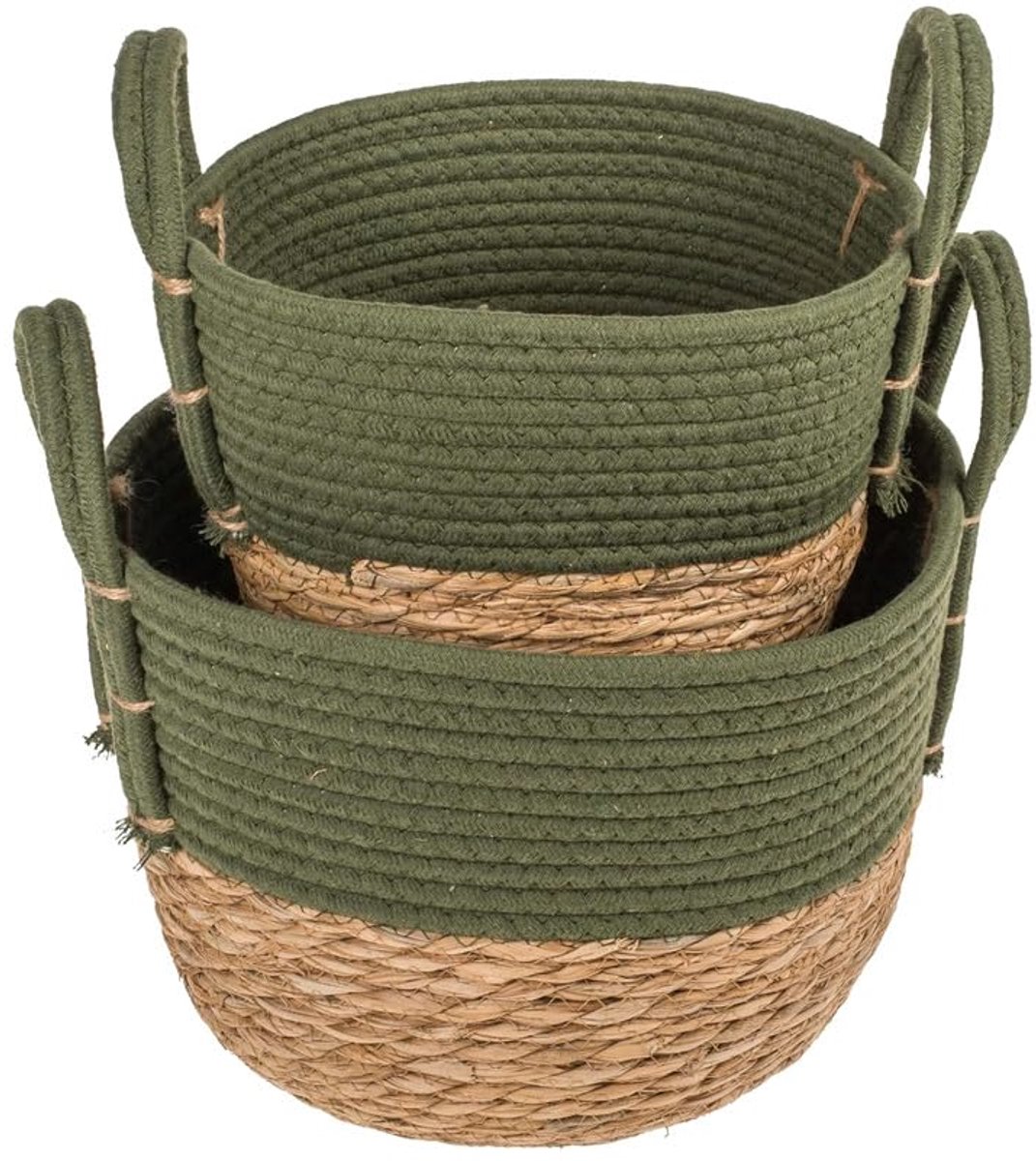 Manden met handgrepen aan de zijkant - set stapelbare opbergmanden voor tijdschriften en games, voor woonkamer en kinderkamer, van katoen en zeegras, 18 x 25 cm en 20 x 30 cm, groen en