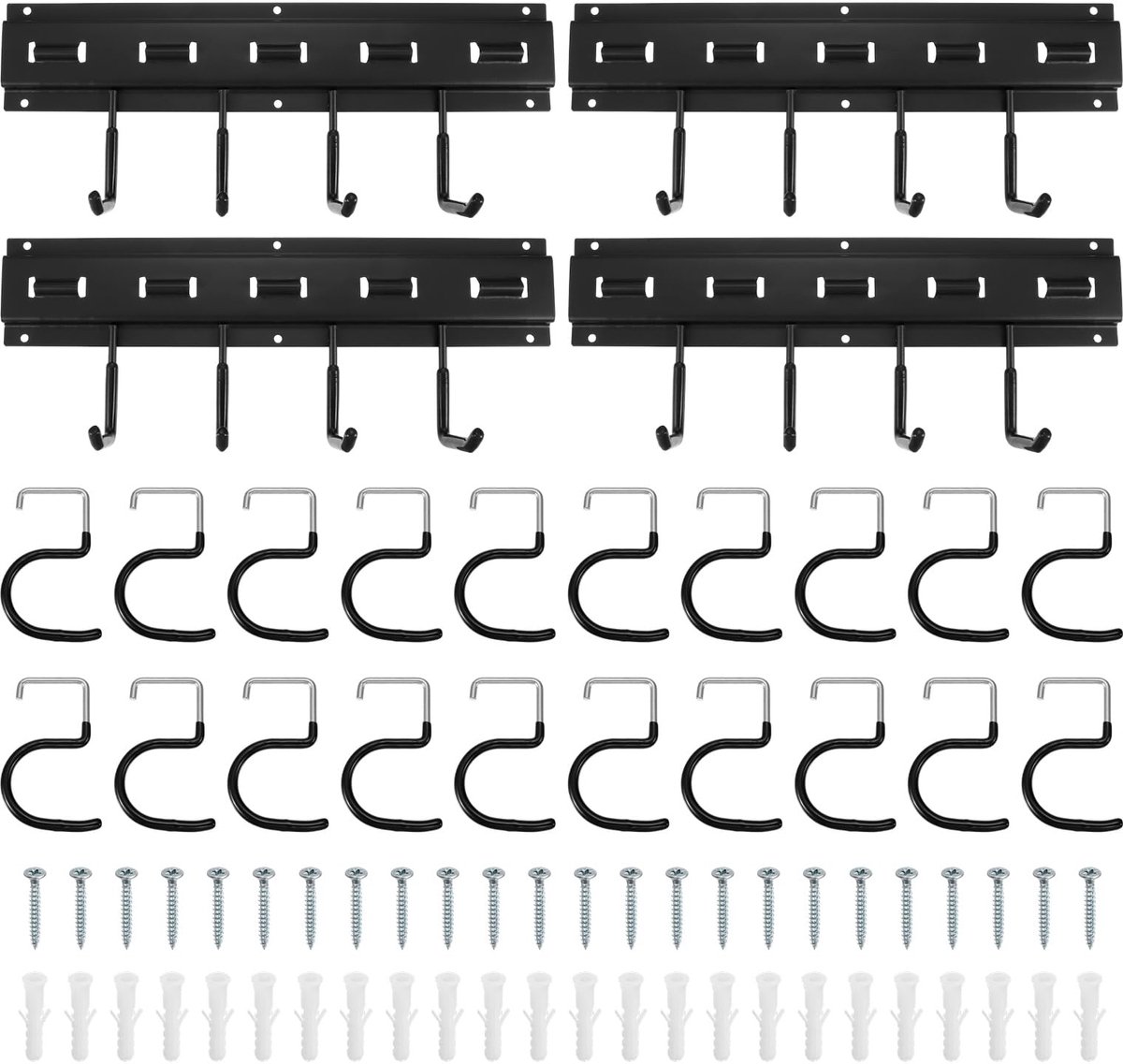 Tuingereedschaphouder van metaal, wandhouder, spliceerbaar met haken, zwart, voor bezem, mopshond, kelder, garage, totale lengte 164 cm