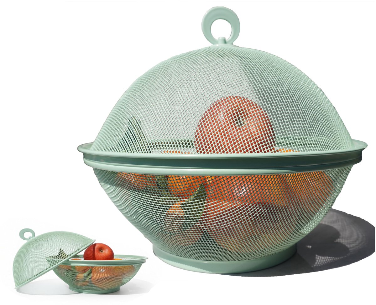 Mand van metaal, netfruitschaal in meerdere kleuren, duurzame en decoratieve mand voor fruit, groenten, snacks, keukenopslag (groen)