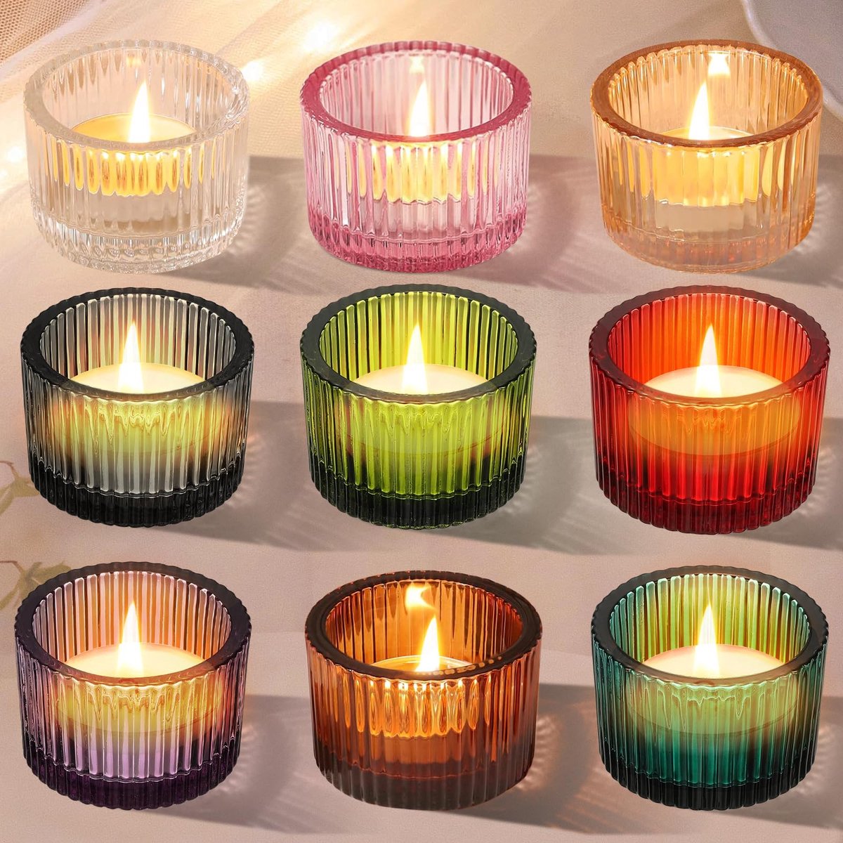9 Stuks Theelichthouder Glas 9 kleuren, 5,2cm x 3,5cm Kaarsenhouder | Stevige Basis, Geribbelde Afwerking, Hittebestendig, Gezellige Sfeer, Bruiloft, Verjaardag, Kerst