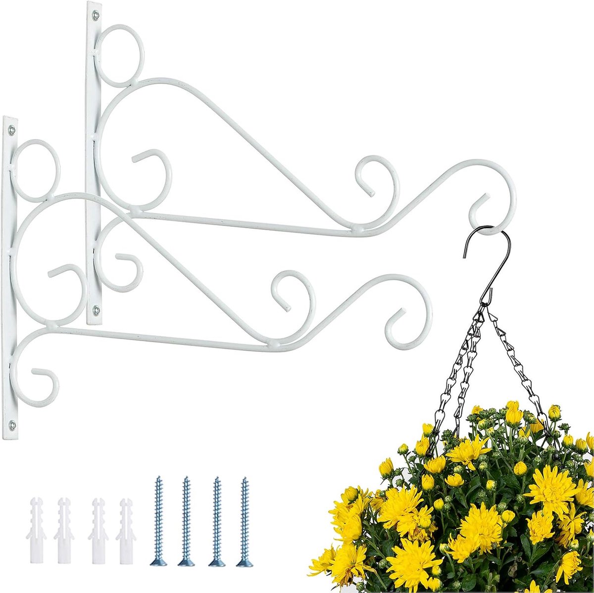 2 Stuks Hangende Mandbeugel Wit, 30cm Lengte Muurbeugels Haken, Hangende Plantenbeugel, Tuinhanghaken, Buitenbeugel voor Hangende Plantenlantaarns Vogelvoeders