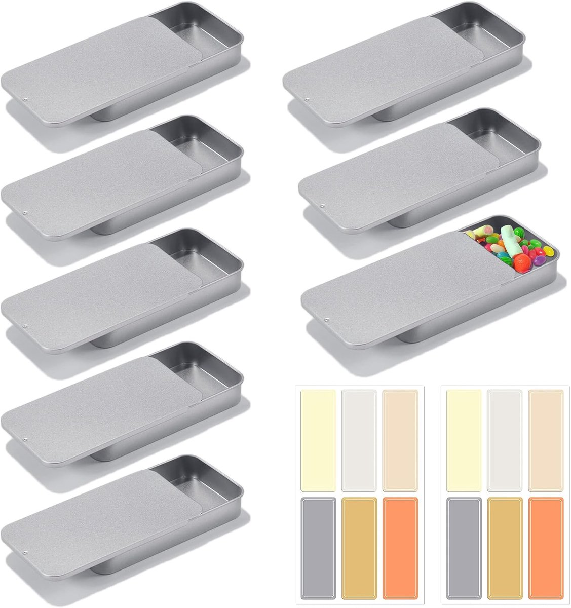 8 Stuks Metalen Doos Met Schuifdeksel, Zilverkleurige Rechthoekige Blikken Doos 95 x 62 x 20 mm, Mini Metalen Opbergdoos en Blikjes Met Deksel met 12 Stickers voor Opbergen en Knutselen