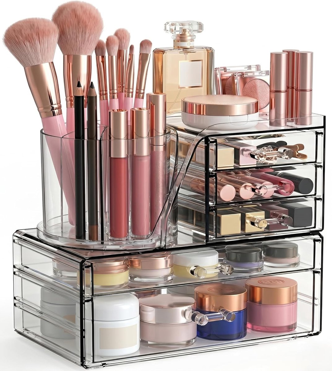 3-laags transparante acryl make-up organizer met 360 roterende borstelhouder en laden, stapelbare cosmetica opslag voor dressoir, badkamer en lippenstift organizer