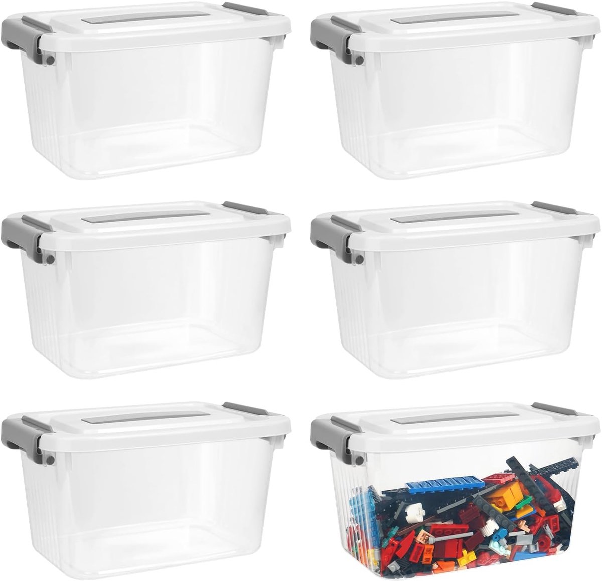 Speelgoedopbergdoos met deksel, set van 6, transparant, stapelbare kunststof dozen voor speelgoed, bouwstenen en puzzels, opbergdozen voor thuis, kantoor en keuken