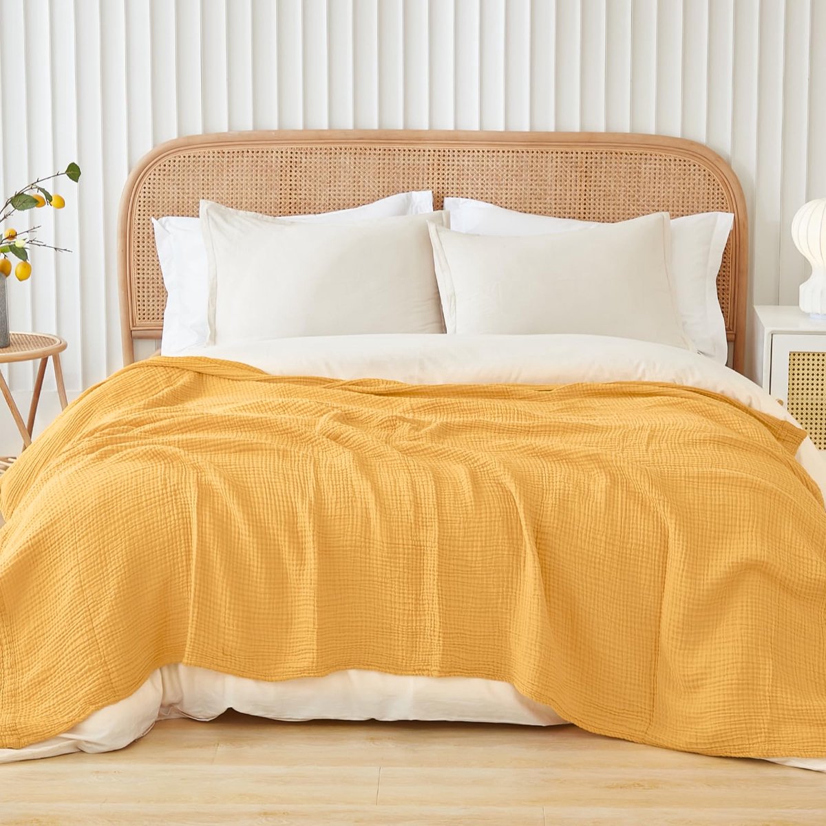 Musselin Spreideken, 274 x 228 cm, 4-laags gemêleerde weefsel, Oeko-Tex 100, 100% katoen, extra grote en knuffelzachte deken voor bank en bed, melange mosterdgeel