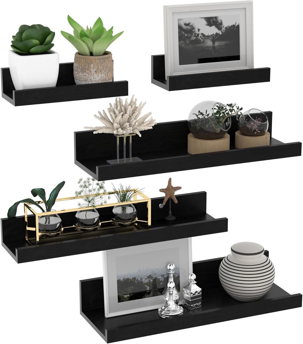 Zwevende planken voor de muur, set van 5 (zwart)
