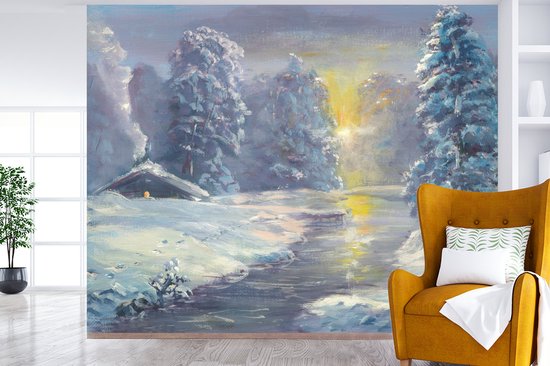 Papier peint photo peint vinyle - Une illustration d'une forêt d'hiver largeur 275 cm x hauteur 220 cm - Tirage photo sur papier peint (disponible en 7 tailles)