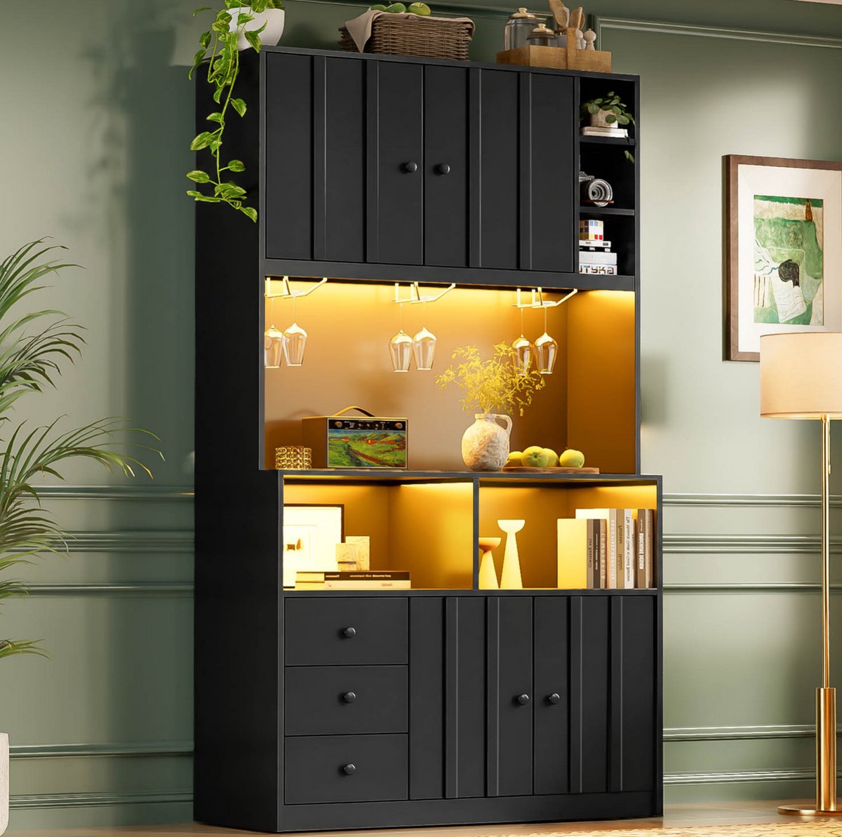 STILVORA Keukenkast - Hoge Opbergkast Met LED, Stopcontact En Vitrinekast - Voor Keuken En Eetkamer - MDF - 100x40x180 Cm - Zwart