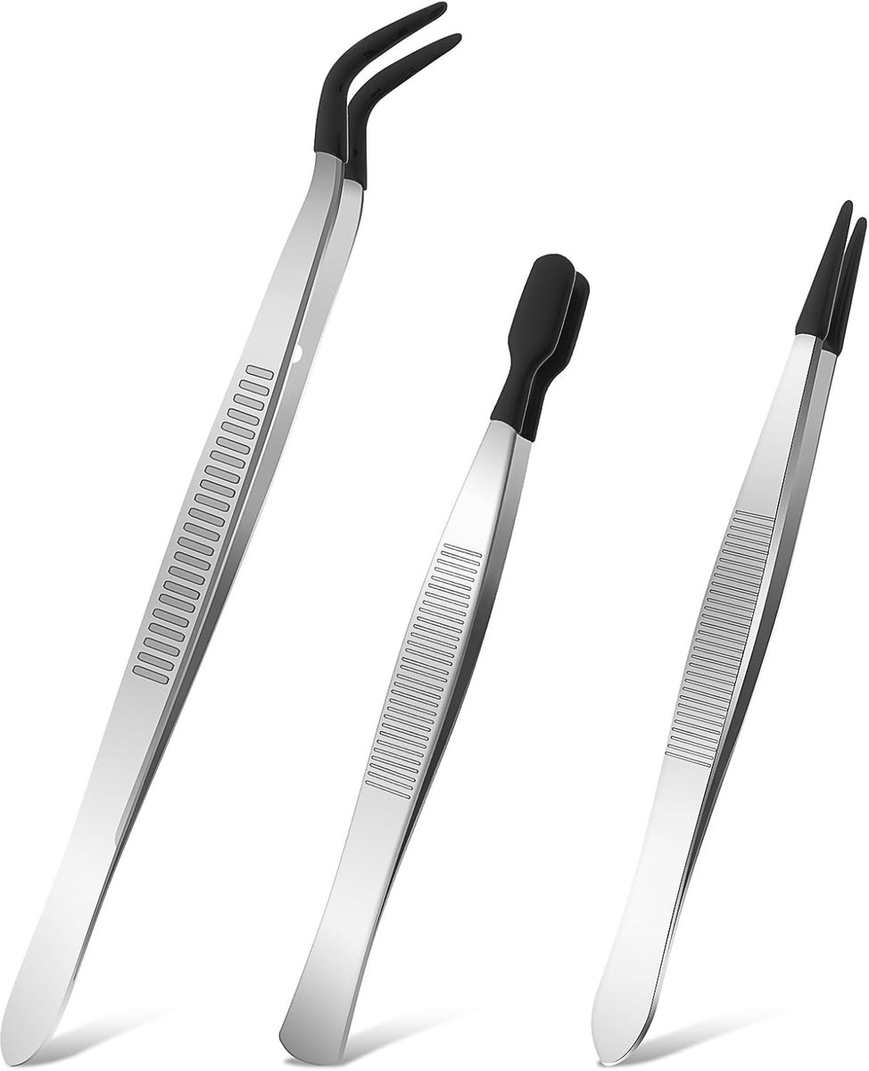 Set van 3 platte gebogen puntpincetten met rubberen tips en zwarte siliconen coating - Knutselen Sieraden Wimper Tool Applicator