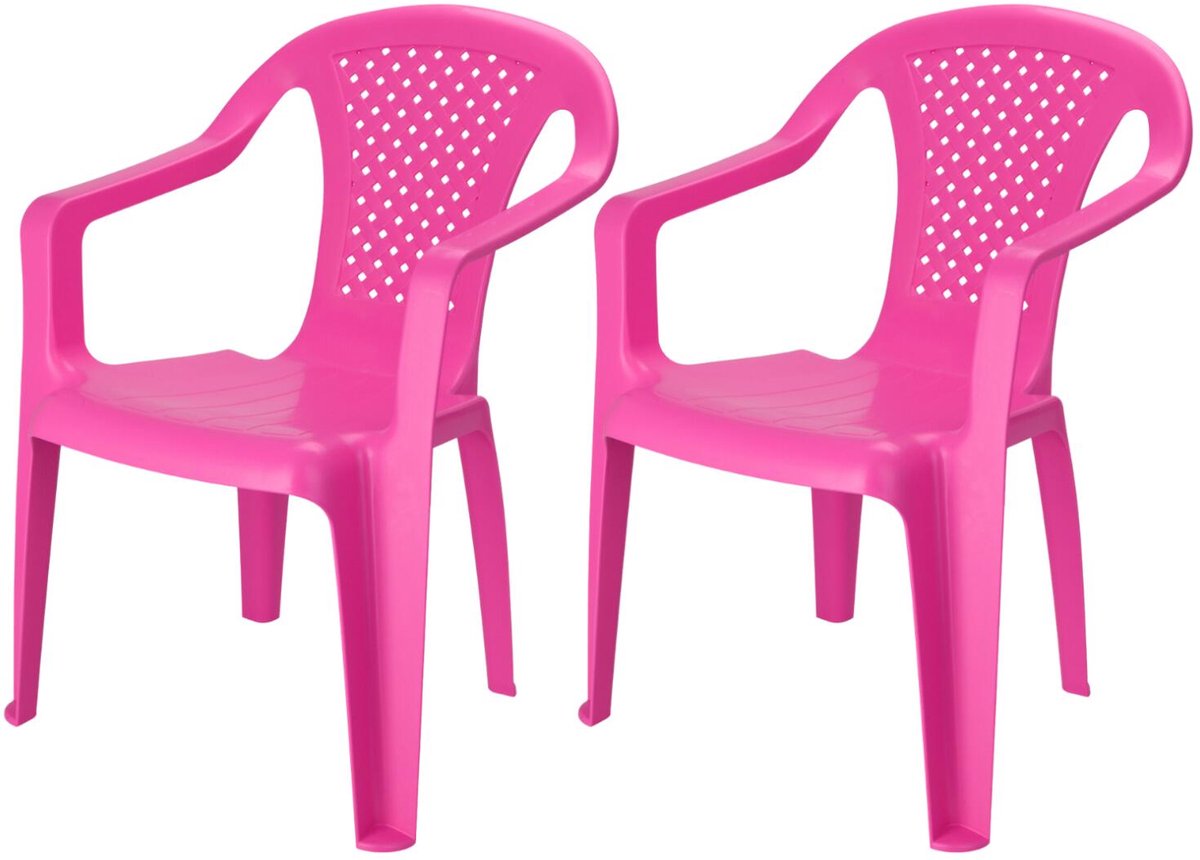 Pro Garden Stoeltjes voor kinderen - 2x - roze - 38 x 52 cm - voor binnen en buiten - kunststof - voor kinderen van 3 tot 7/8 jaar - stapelbaar