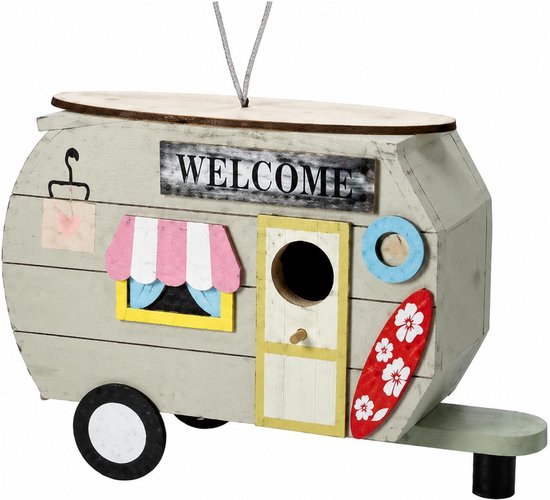 Pro Garden Vogelhuisje Caravan - kleurenmix - hout - beige/groen - 24 x 17 cm- nestkastje - vogels paradise in zomerse kleuren