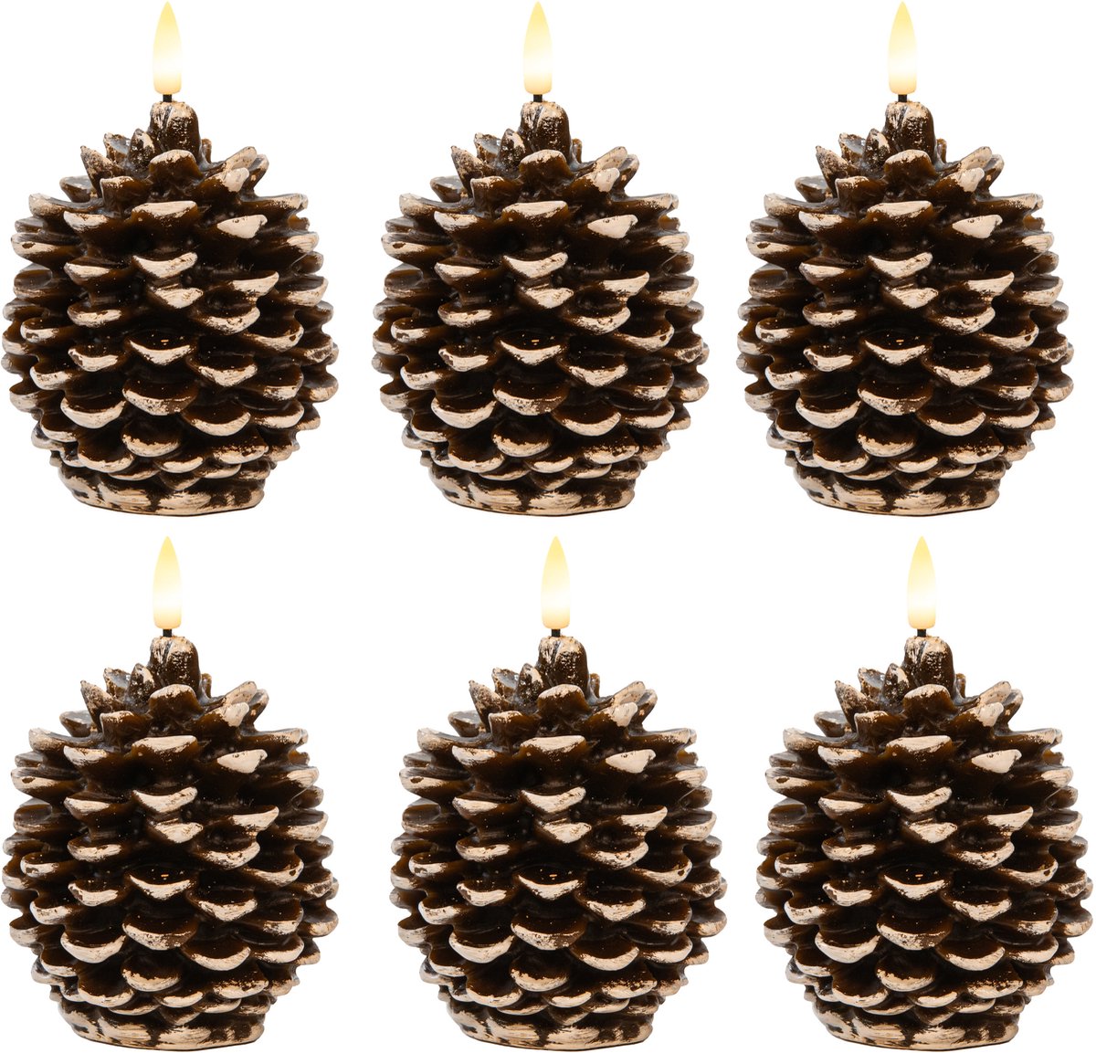 Anna's Collection LED dennenappel kaars - 6x - bruin - 10 x 8.5 cm - met timer