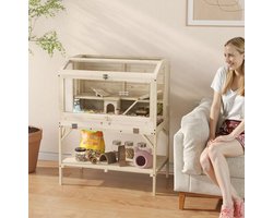 MEUNIQ hamsterkooi 84 x 53 x 110 cm met 2 niveaus, opbergplank, uittrekbare lade, PET-kijkpaneel en accessoires voor knaagdieren, naturel