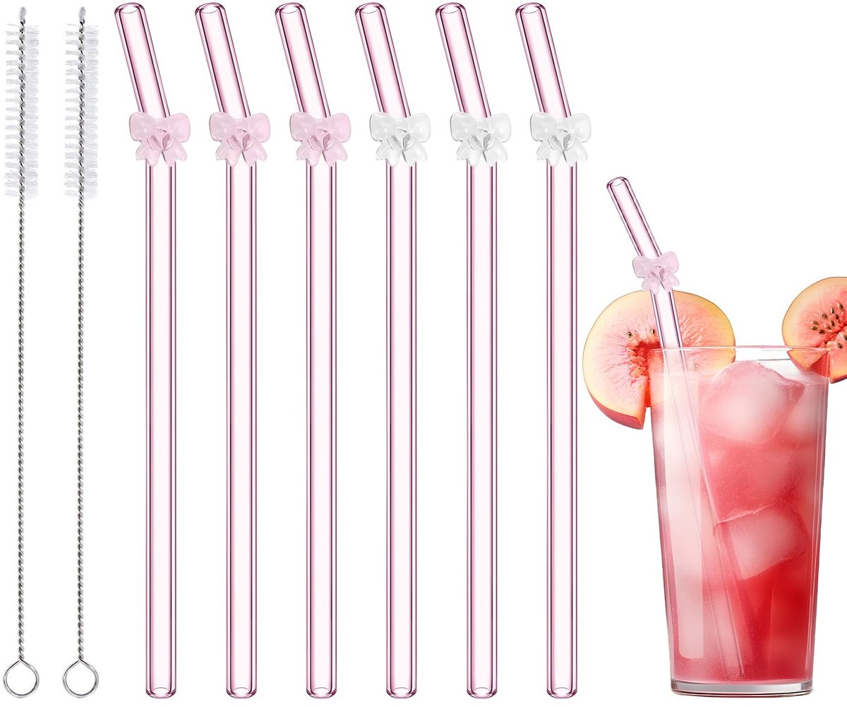 Dailygoods- Glazen Rietjes - 6 Stuks - Breukbestendig - Herbruikbaar Rietje - Metalen Rietjes - Reinigingsborstel - Borosilicaatglas