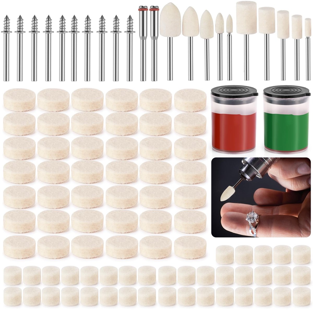 Dailygoods- Polijstset 154 Stuks - Wolvilt Polijstschijven - Polijstmiddel - Polijstopzetstuk 1/8 inch - Rotatiegereedschap - Hoge taaiheid