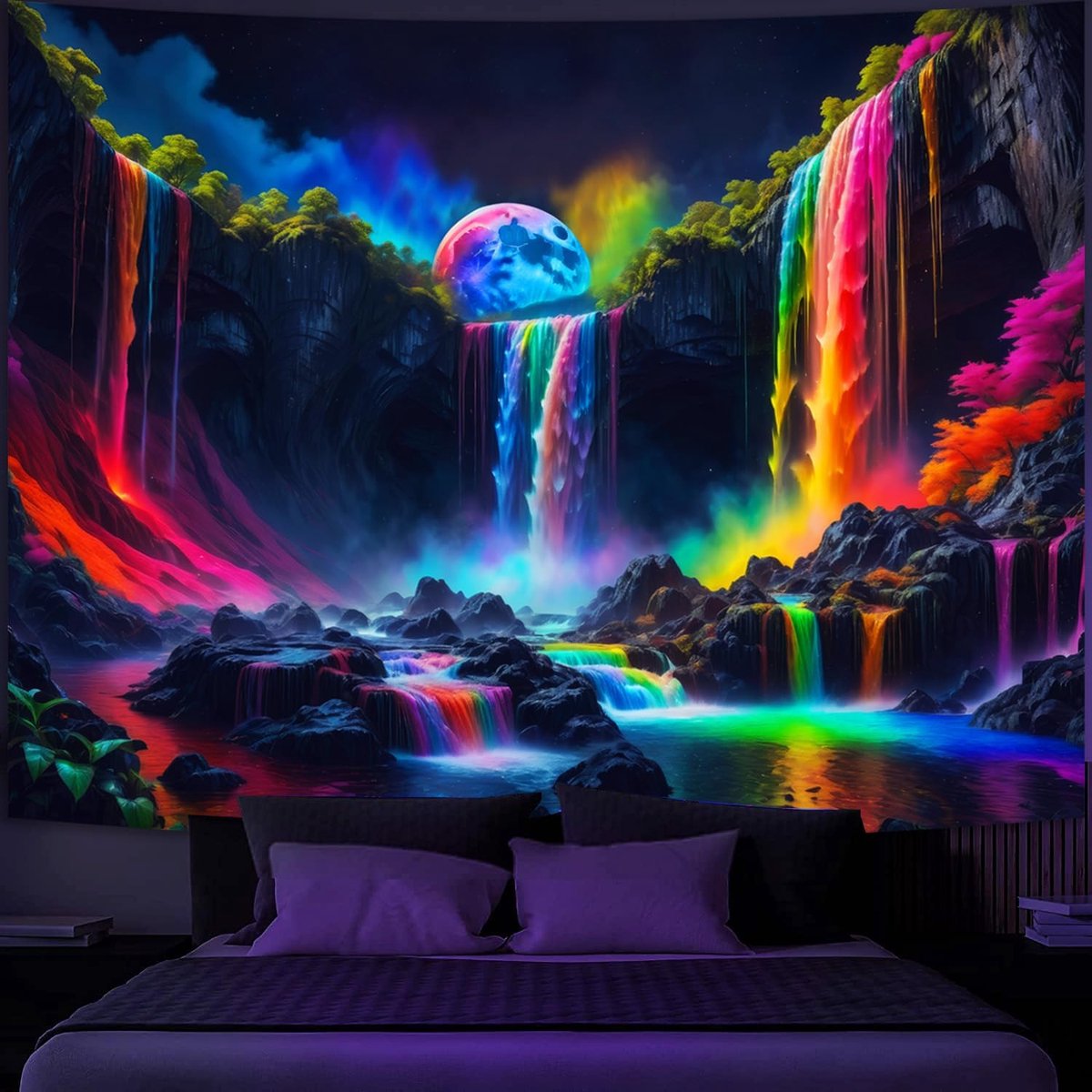 Blacklight Fantasie Waterval Planeet Tapijt, UV-Reactief Natuur Wandkleed, Neon Landschap Berggolf Muurdecoratie - 130 x 150cm
