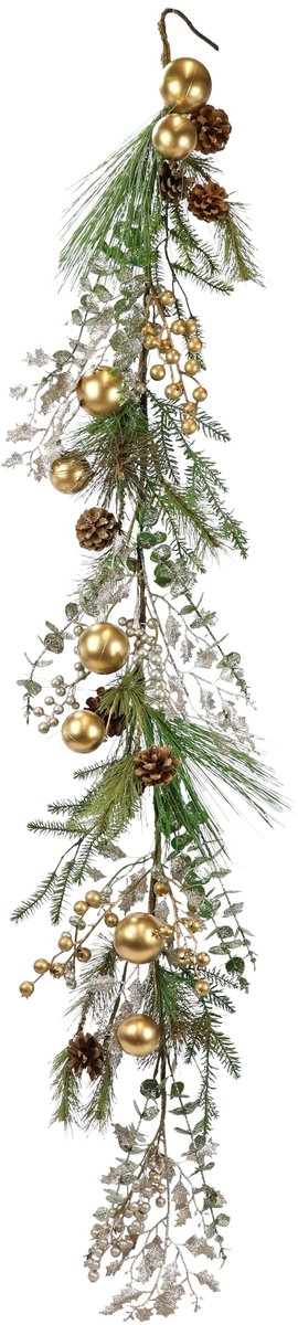 slinger van kunstdennenhout, versierd met kerstballen, dennenappels, bessen, eucalyptus, 160 cm, dennenslinger, kerstdecoratie, kerstslinger, decoratie voor Kerstmis, kunstranken, grenen