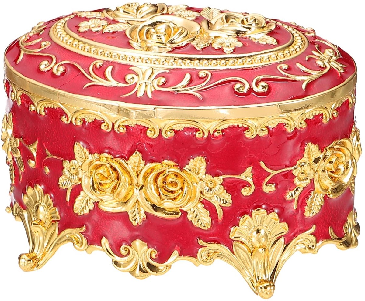 Dailygoods - PATIKIL Vintage metalen juwelendoos, ovale snuisterij organizer doos sieraden opbergdoos voor ring oorbellen ketting, kaptafel, bruiloft verjaardagscadeau huisdecoratie, vrouwen meisjes, rood