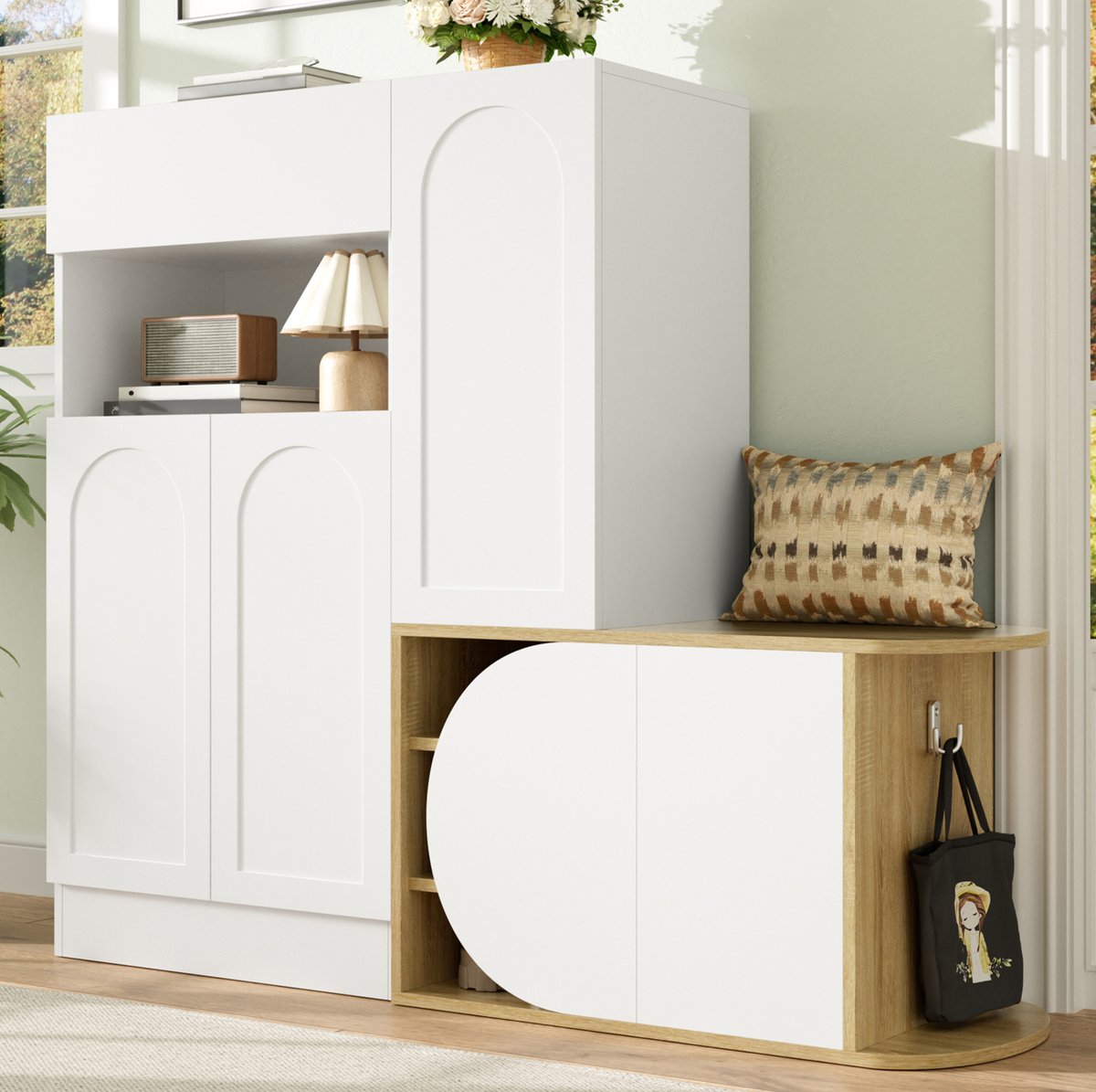 STILVORA Schoenenkast - Met Zitbank, Lade En 5 Deuren - Open Vak Voor Hal En Entree - MDF - 130x35x110,5 Cm - Wit Met Houtoptiek
