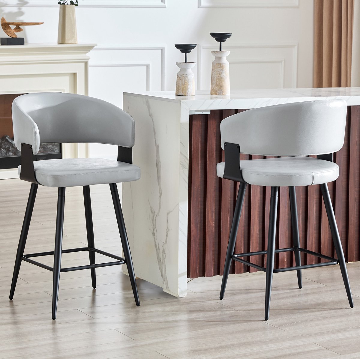 MIVRAY Eetkamerstoel - Kuipstoel Met Armleuningen - Set van 2 - Modern Gepolsterd Design Voor Eetkamer En Hotel - Kunstleer Grijs