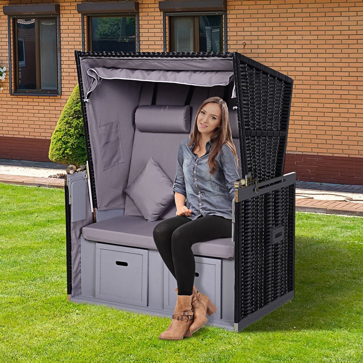 MEUNIQ dubbel ligbed strandkorb 118 x 190 cm met verstelbare rugleuning, zonnedak, uitschuifbare voetensteunen en 2 klaptafels voor tuin of terras grijs