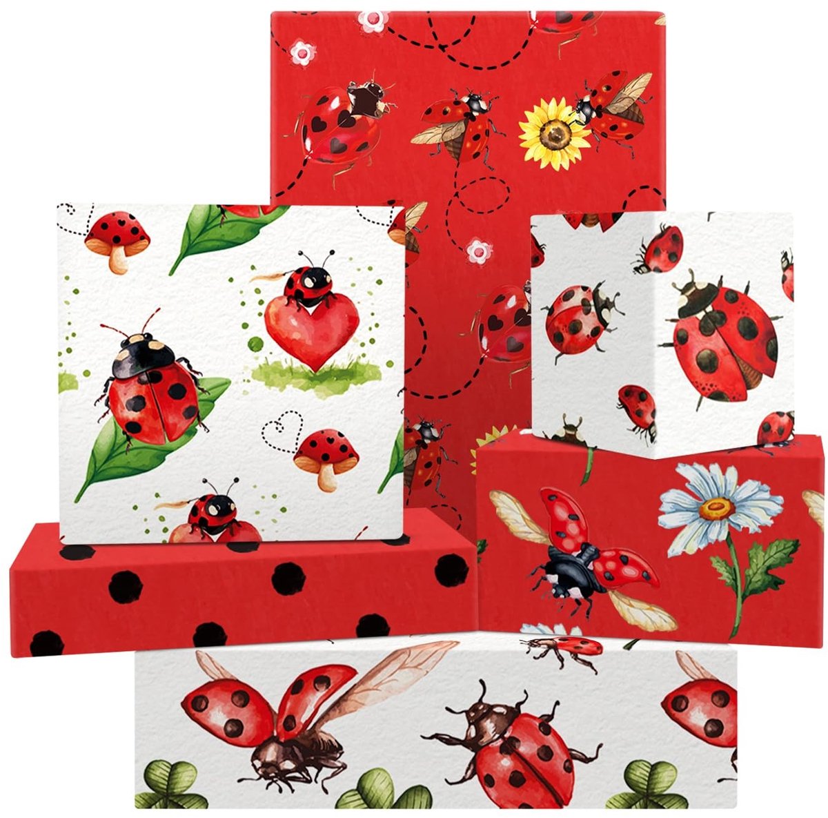 Dailygoods- Cadeaupapier Lieveheersbeestje - 6 Vellen - 6 Designs - Verjaardag - Geschenken - Natuurthema - Gelukssymbool - Inpakpapier